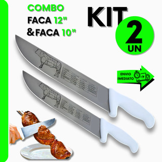 Conjunto de Faca 10" + Faca 12" Cabo Branco Para Açougueiros e Churrasqueiros Para Cozinha e Restaurantes