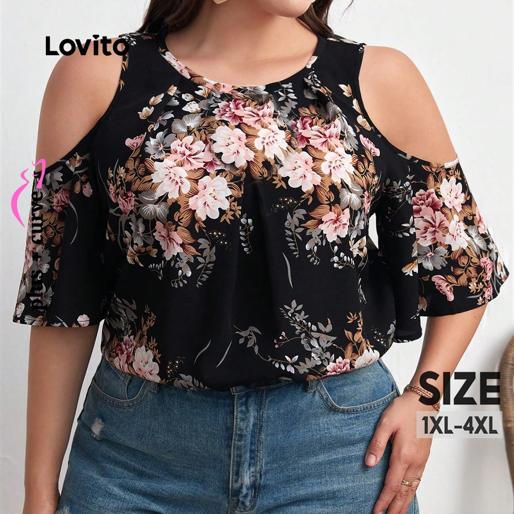 Lovito Blusa Plus Size curva Casual Floral ombro frio para mulheres LBL24523 - Women Clothes