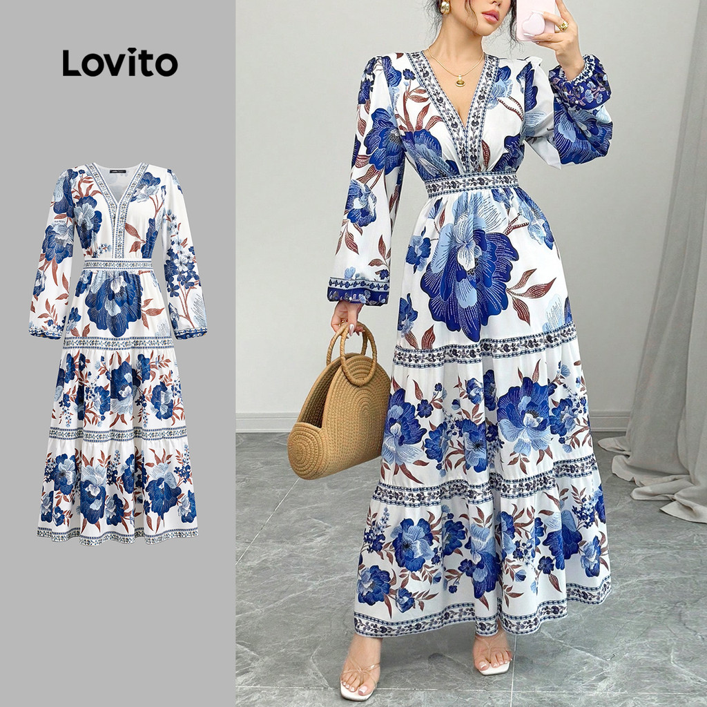 Lovito Vestido Boho Feminino Com Costura Floral Em Camadas E Tecido Para Outono E Inverno LBL24063 em Oferta na Shopee