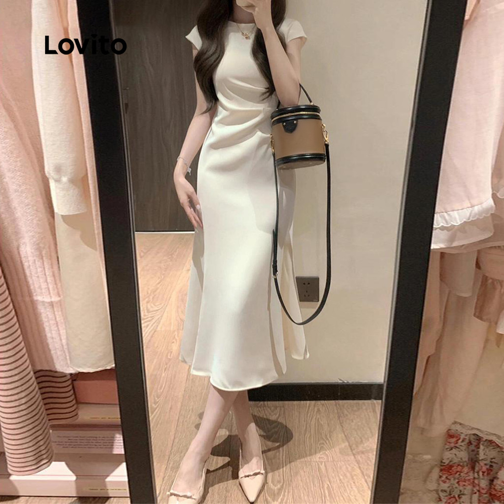 Lovito Vestido Elegante Vestido Plissado Liso Para Mulheres LNE72538 - Women Clothes
