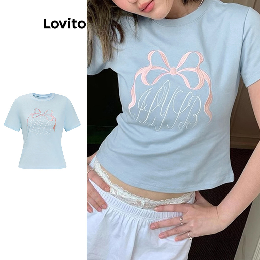 Lovito Camiseta Formal Com Laço E Letras Para Mulheres L91AD308 - Women Clothes