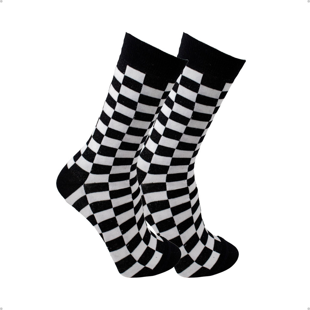 Meia Divertida Estampada Cano Longo Preta e Branca Xadrez em Oferta na Shopee