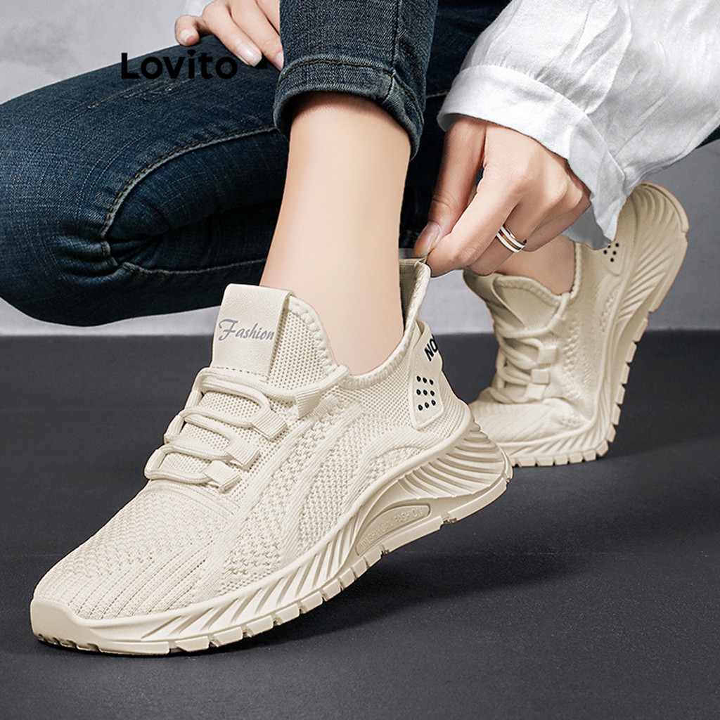 Lovito Tênis esportivos lisos respiráveis de malha da moda para mulheres LFA50101
