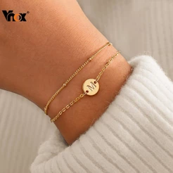 Pulseiras Iniciais De Ouro Vnox Para Meninas E Mulheres , Pulseira De Disco Com Letras De Contas Em Camadas Delicado