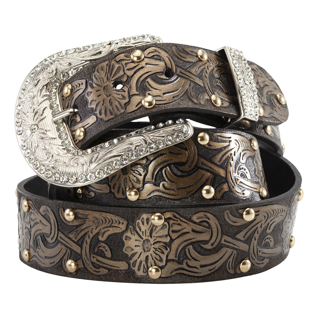 Cinto Country Feminino Cores Metalizadas Estampa Floral Com Cravos e Fivela de Strass