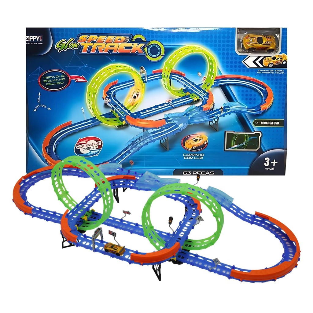 Pista de Carrinho de Corrida Glow Speed Speed Track 63 Peças Giro 360 Zippy Toys - 9171