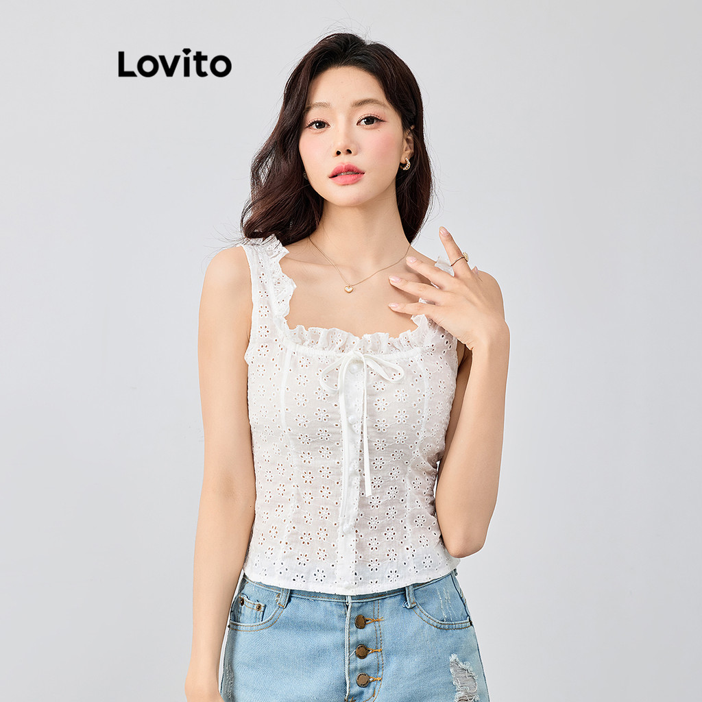 Detalhes do Lovito Regata Feminina Casual Bordada com Ilhós e Acabamento em Alface e Amarração L116MD289