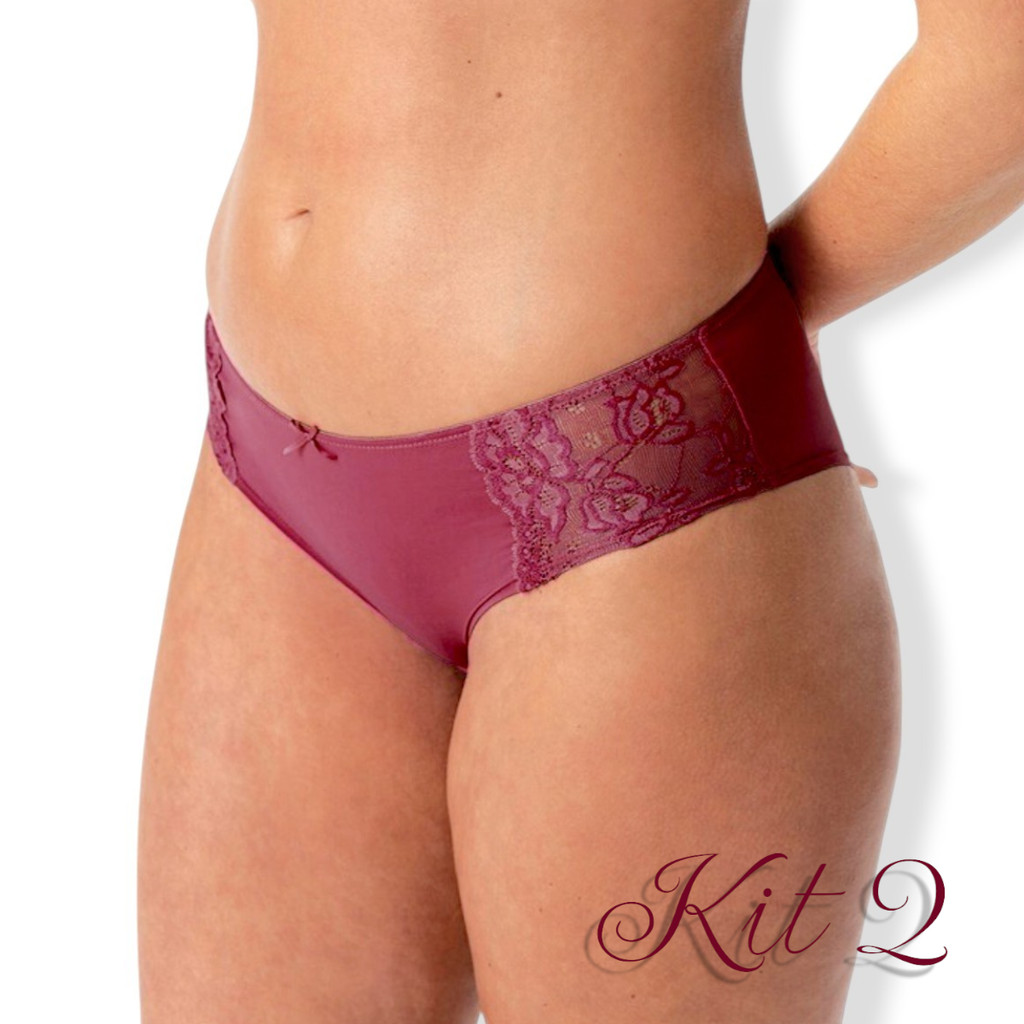 Kit 2 Calcinha Cós Alto Pala Larga com Renda Calçola Kit Calcinhas Lingerie Feminina Langerie