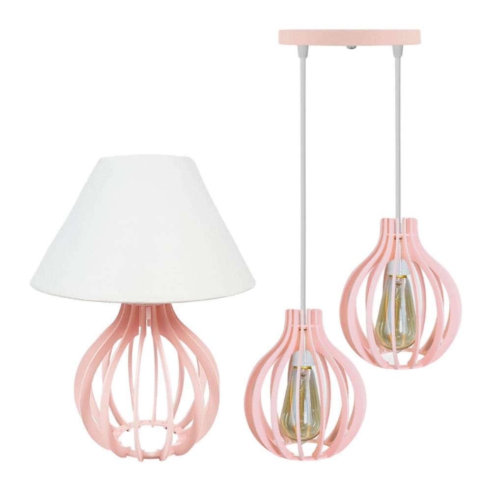 kit Quarto Pendente Lustre Duplo Rosa Bebe Com Regulagem Altura e Abajur Luminária Bolinha Para Quarto Adulto Infantil