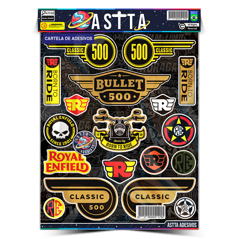 Cartela de Adesivos 29cm Compativel com Royal Enfield - P5 Bullet 500 Moto Custom