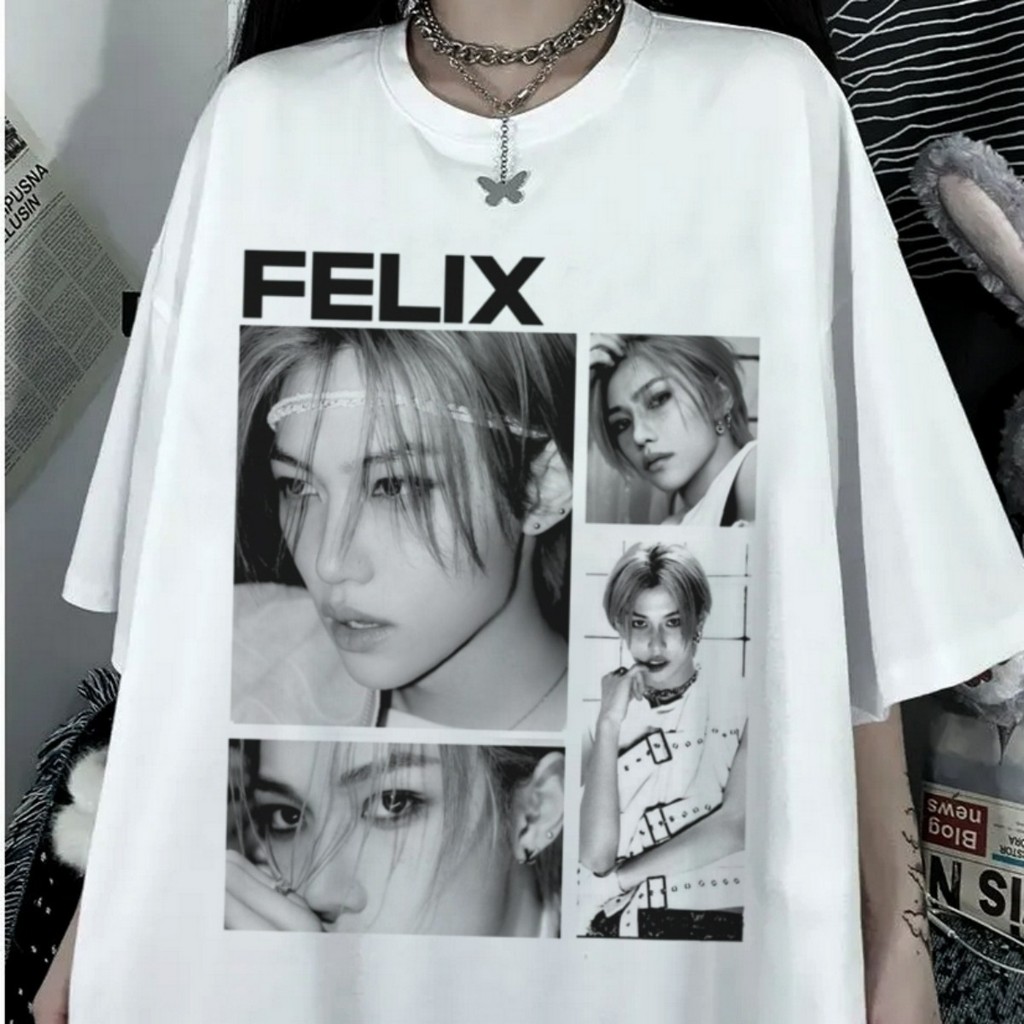 Camiseta K-pop Felix Estampa Idol Coreano Estilosa Camisa Algodão 100% Blusa Grupo Coreano Stray Confortável Feminina