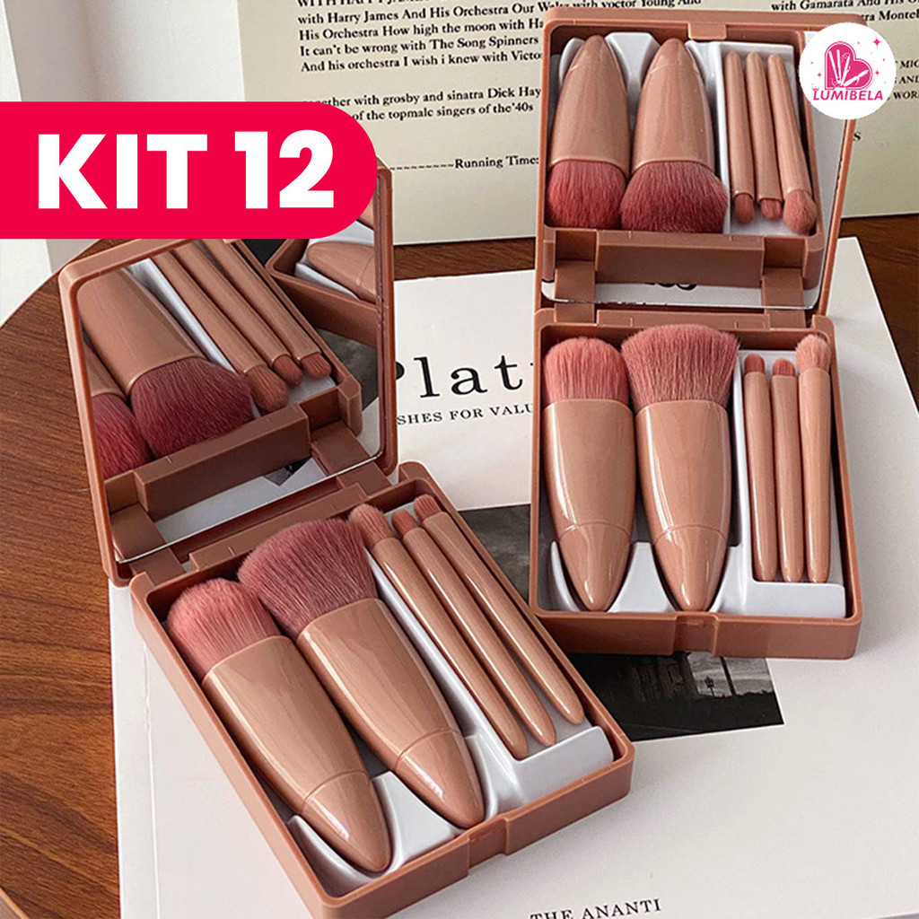 Mini Espelho De Maquiagem Portátil KIT 12 unidades Com 5 Pcs Pincéis De Maquiagem Lupa Mão Segurar Bolso Dobrável