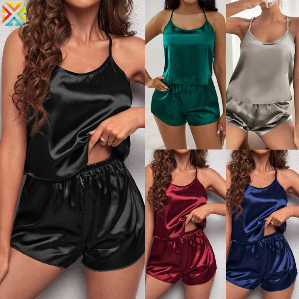 Pijama Sexy Sedoso Ajustável Sem Mangas Top + Shorts Leve Feminino Cetim Roupa De Dormir Para Presente De Loungewear De 