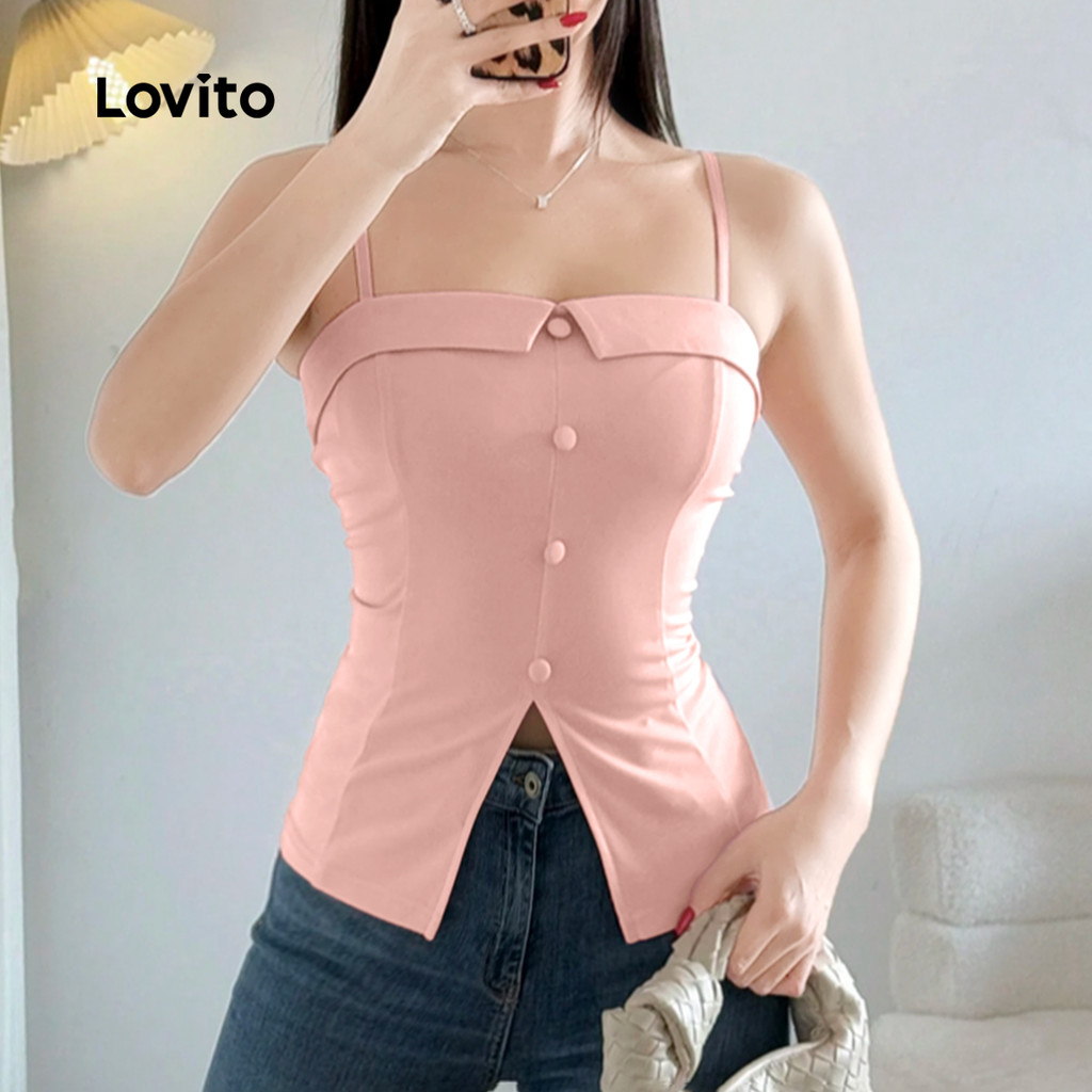 (Trendy) Lovito Regata elegante com botões lisos para mulheres L131ED246 em Oferta na Shopee