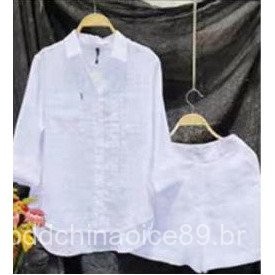 Conjunto de shorts de manga curta de linho de algodão de manga comprida em Oferta na Shopee