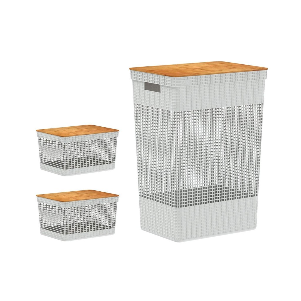 Kit de cestos organizadores com tampa de bambu Ou 3 peças Grid - Branco Oceano em Oferta na Shopee