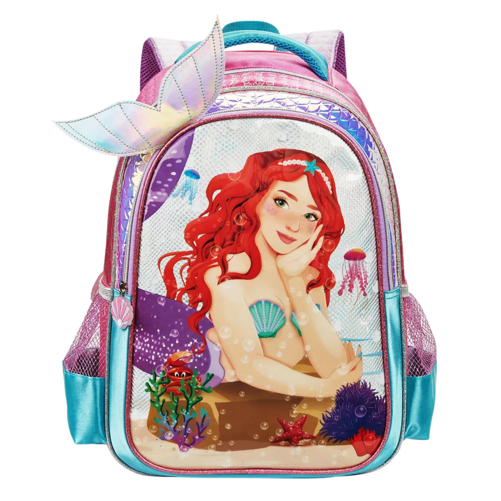 Mochila De Costas Escolar Infantil Meninas Sereia Ruiva 3D