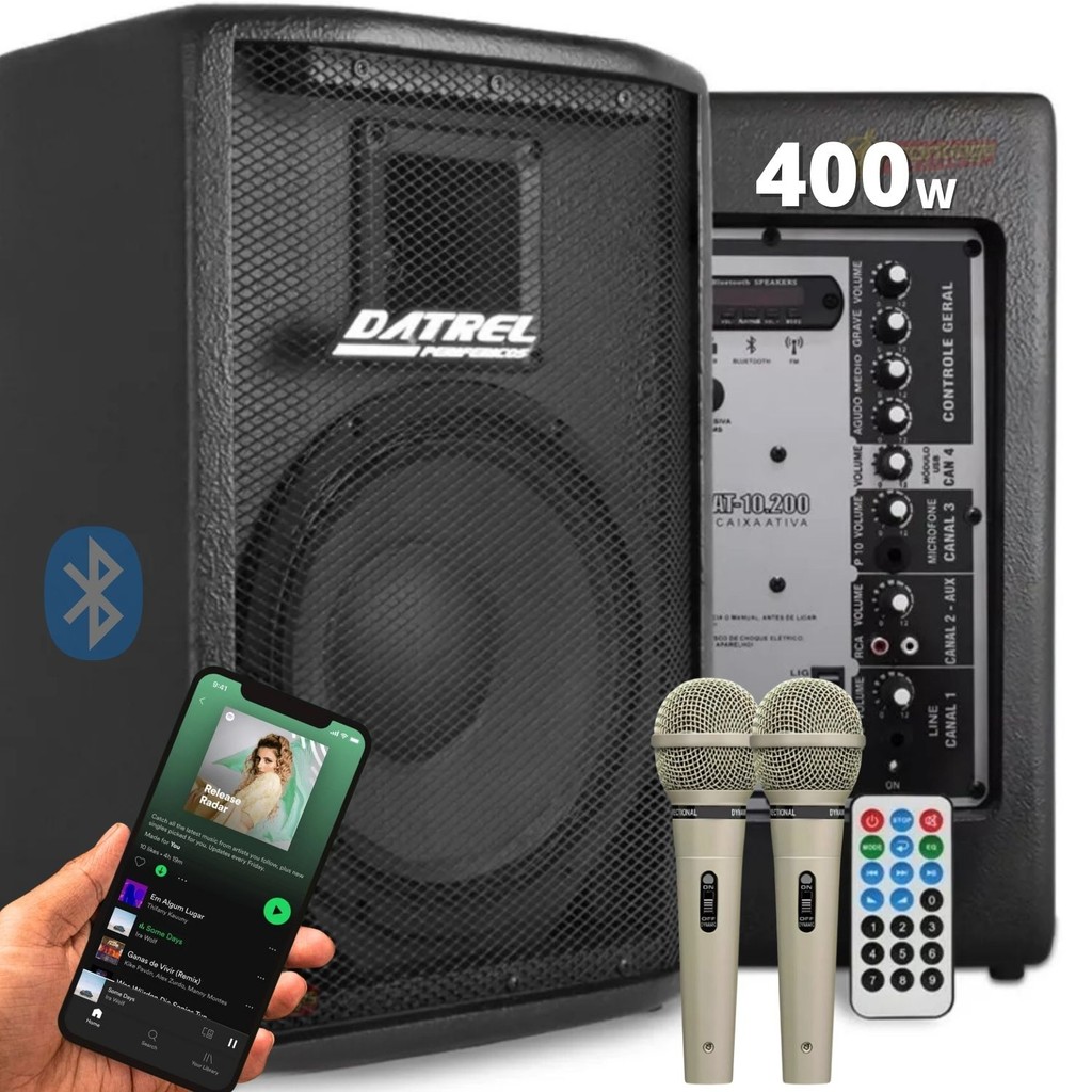 Kit Caixas de Som 400w Rms Ativa Passiva Profissional Datrel Amplificada Acustica Usb + 2 Microfones