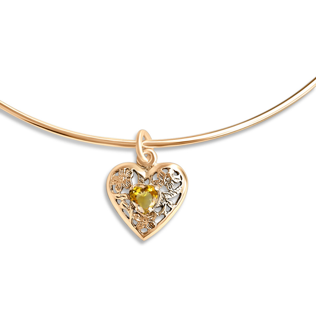 Colar Choker Citrino Coração Filigrana Prata 925 Dourada 18k