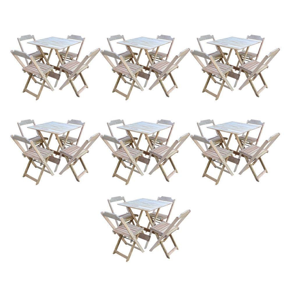 Kit 7 Conjuntos De Mesa Dobravel Com 4 Cadeiras De Madeira 70X70 Para Restaurante E Bar - Sem Pintur