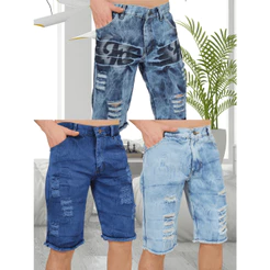 Kit 3 Bermuda Jeans Tradicional Masculino Rasgada Casual