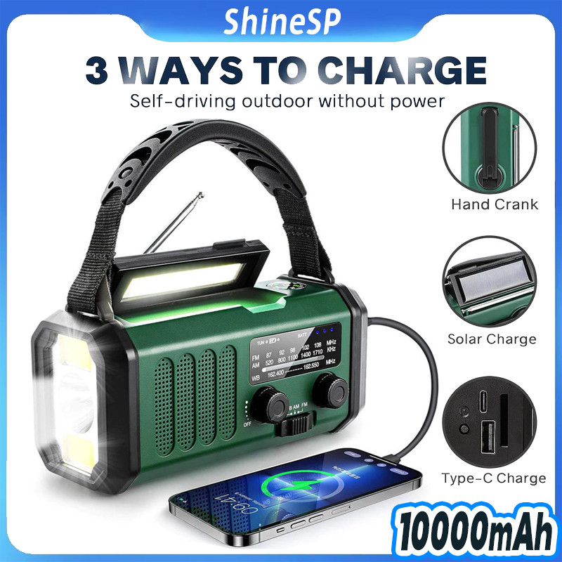 10000mAh Lanterna De Rádio Solar Portátil Multifuncional Manivela Geração De Energia De Emergência, Carregamento USB em Oferta na Shopee