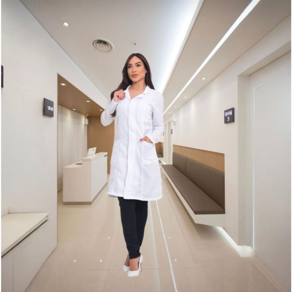 Jaleco feminino acinturado tecido oxford com botão embutido em Oferta na Shopee