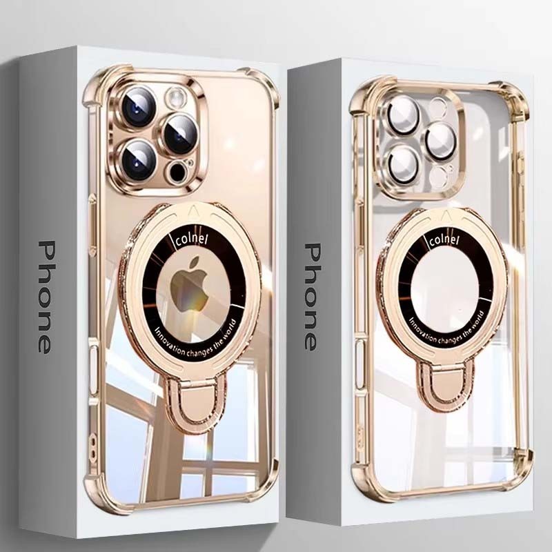 Luxo Chapeamento Dourado Anel Suporte Caso Transparente Para iPhone 16 15 14 13 11 12 Pro Max Magsafe Magnético Proteger