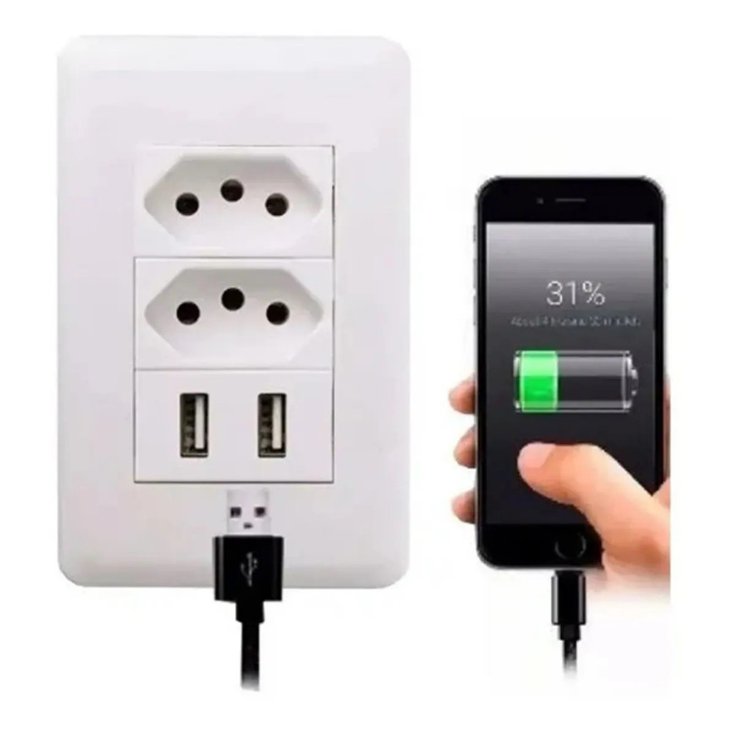 Tomada Parede Com 2 Usb Carregador Fonte DUO Universal Bivolt