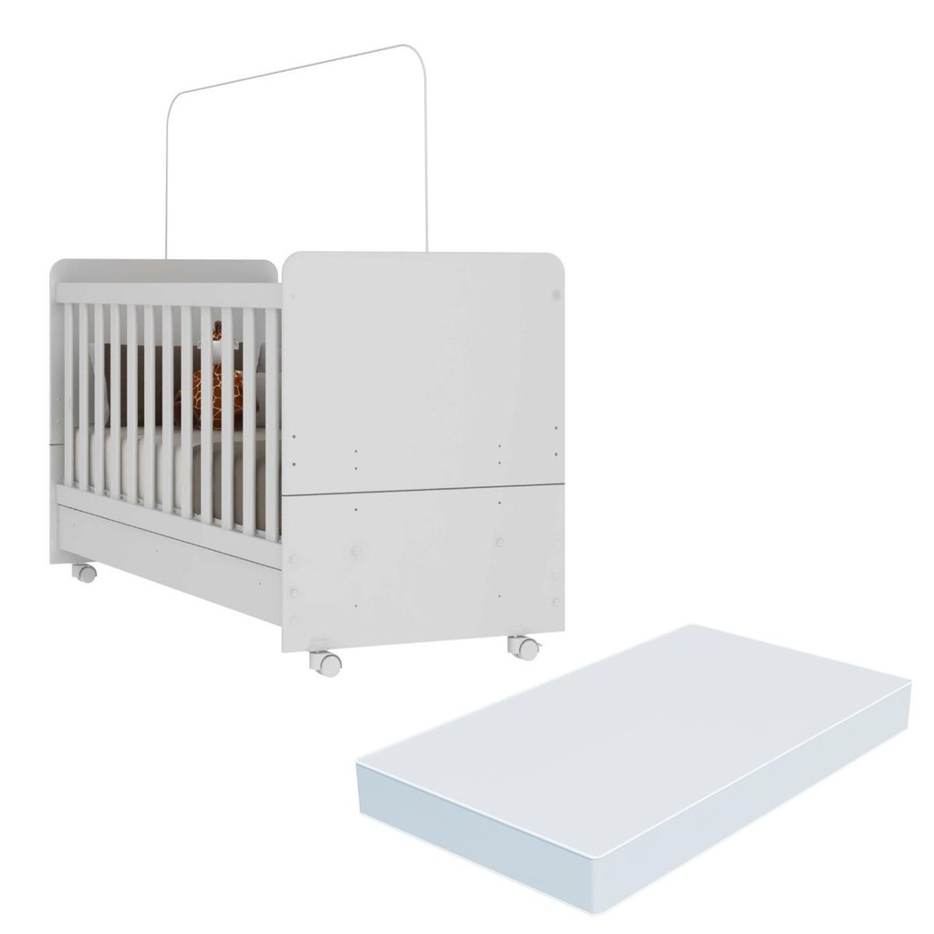 Berço Americano 3x1 com Colchão Incluso e Rodízios Pimpolho Multimóveis FG3568 Branco - Mom & Baby