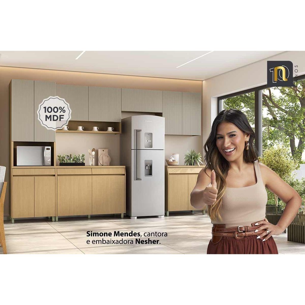 Detalhes do Cozinha Modulada Nesher Simone Mendes Paneleiro Simone Mendes c/ 4 Portas e 1 Gaveta 70cm Carvalho/Cinza - Nesher