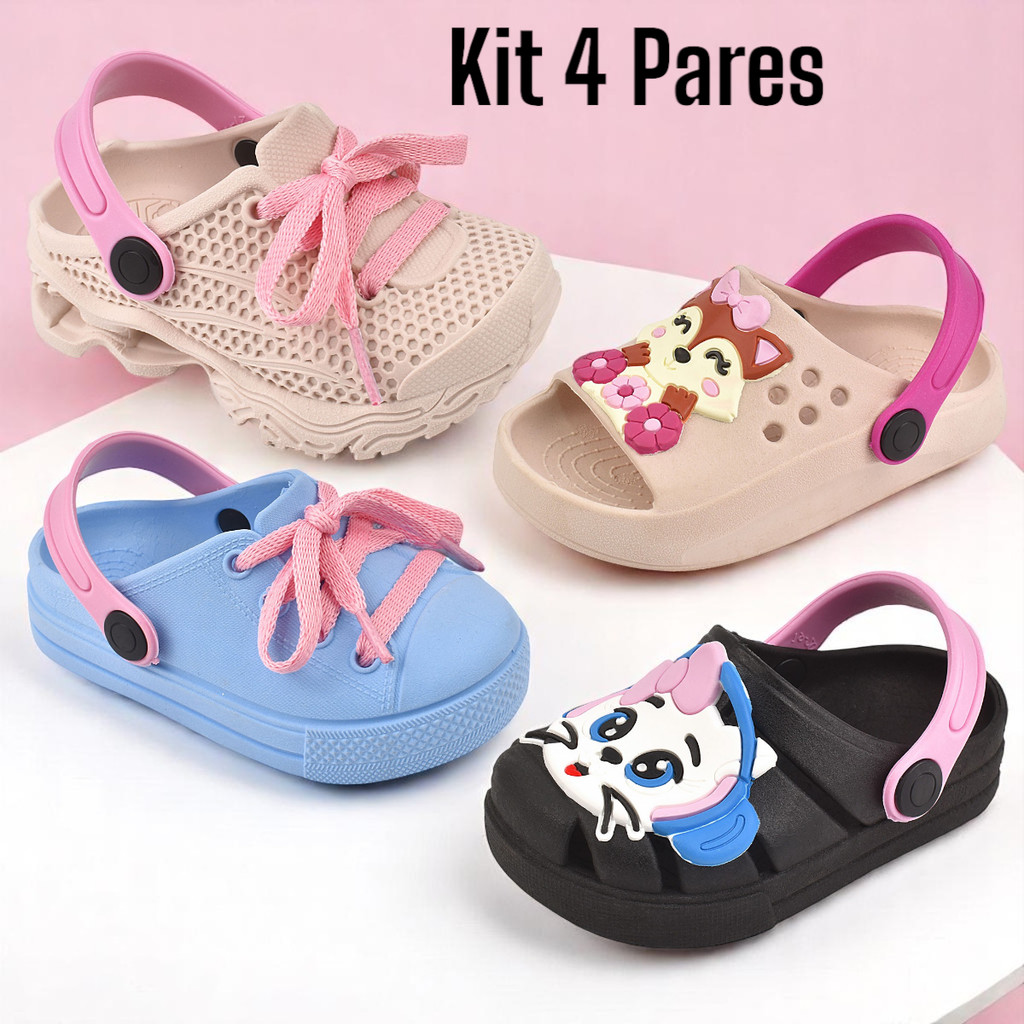 Kit 4 Pares Tênis Infantil Feminino Babuche Menina Confortável e Sandália Macia