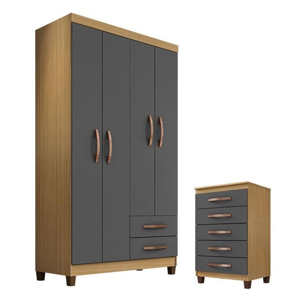 Guarda Roupa Solteiro Modena 4 Portas Com Cômoda Gaveteira Cannes Carvalho Americano Grafite - Incorplac