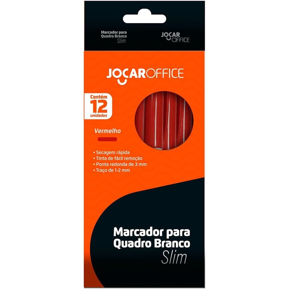 CAIXA COM 12 MARCADORES PARA QUADRO BRANCO SLIM VERMELHO - JOCAR OFFICE
