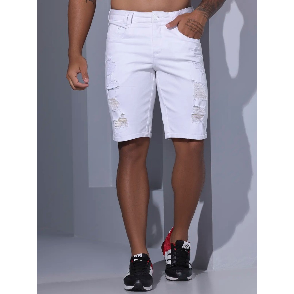 Bermuda Destroyed Branca Masculina Pit Bull Jeans Ref 83462