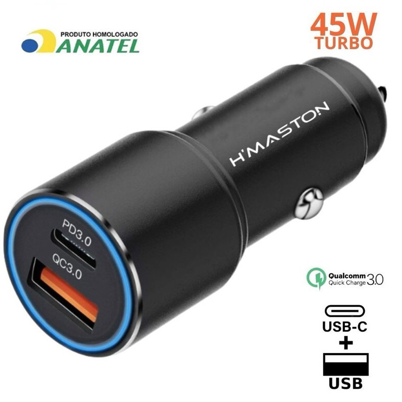 Carregador Veicular Turbo 45W USB 3.0 + TIPO C Para Android e IOS Carregamento Rápido