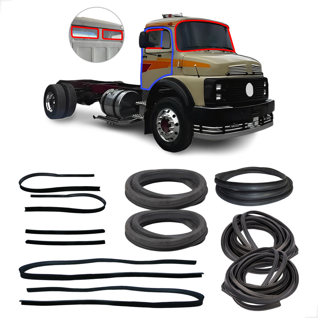Kit Borracha de Porta Parabrisa Vigia e Canaleta com Pestana Larga Mercedes Benz 1113 Moderno Borrac