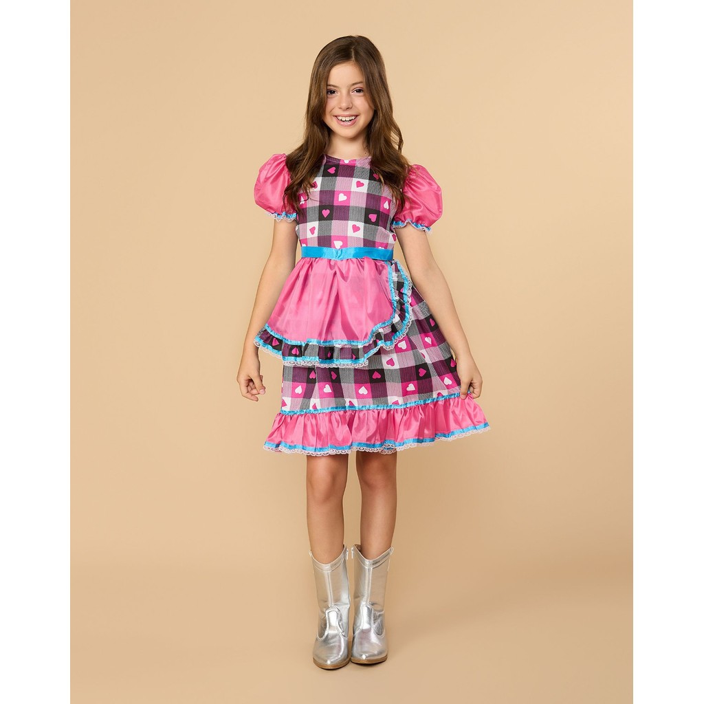 Vestido Festa Junina Pink Xadrez Coraçãozinho Dança Quadrilha Moda São João Menina Caipira