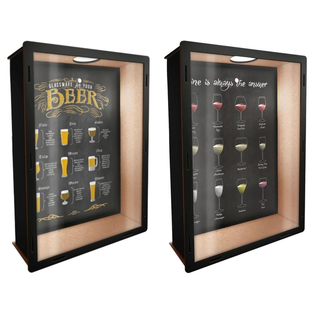 Kit com Quadro Porta Rolhas de Vinhos + Porta Tampinhas de Cerveja