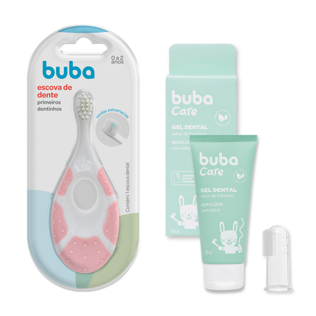 KIT ESCOVA DE DENTE PRIMEIROS DENTINHOS ROSA E GEL DENTAL SEM FLUOR BUBA CARE ESCOVA MASSAGEADORA em Oferta na Shopee