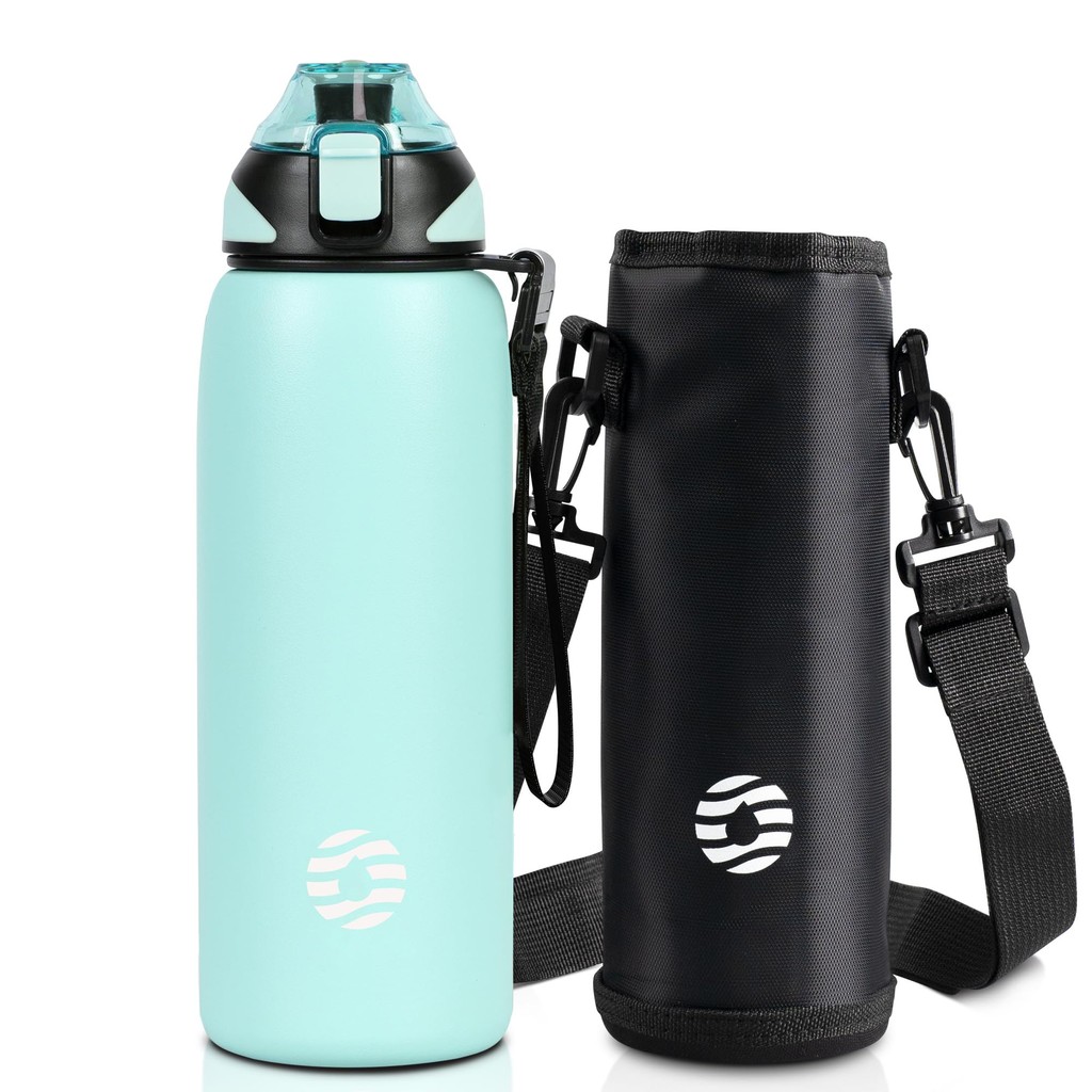 FJbottle Water Bottle 1 Liter Vacuum Insulated One-Touch Sports Bottle 1L Hot and Cold Retention Sports Drink Compatible Wide Mouth Easy to Clean Stainless Steel Bottle with Bottle Cover and Cleaning Sponge for Girls, Boys, Stylish Adults, and Kids in Tif