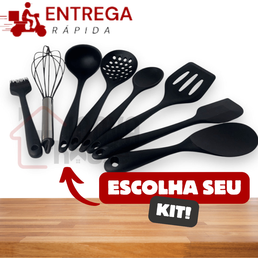 Kit 8 Utensílios para Cozinha de Silicone Colher de Arroz Espátula Pão Duro Concha Escumadeira Pincel Batedor Completo