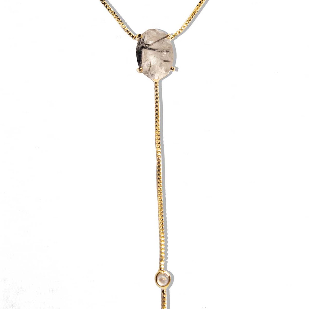 Colar Gravata Pedra Turmalina Incrustada Gema Dourado
