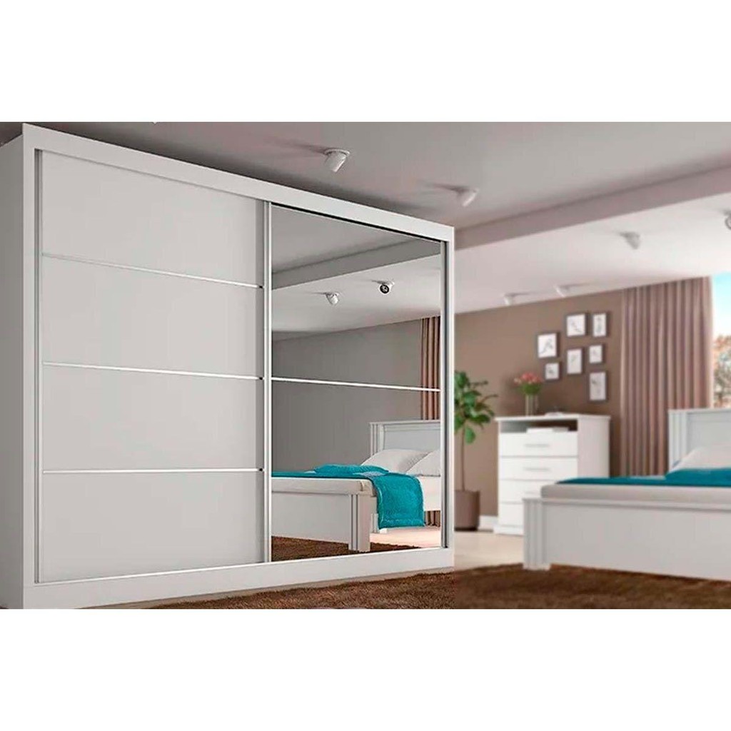 Guarda Roupa Casal 2 Portas de Correr e 4 Gavetas c/1 Espelho Verona Plus Branco - Europa - Home & Living