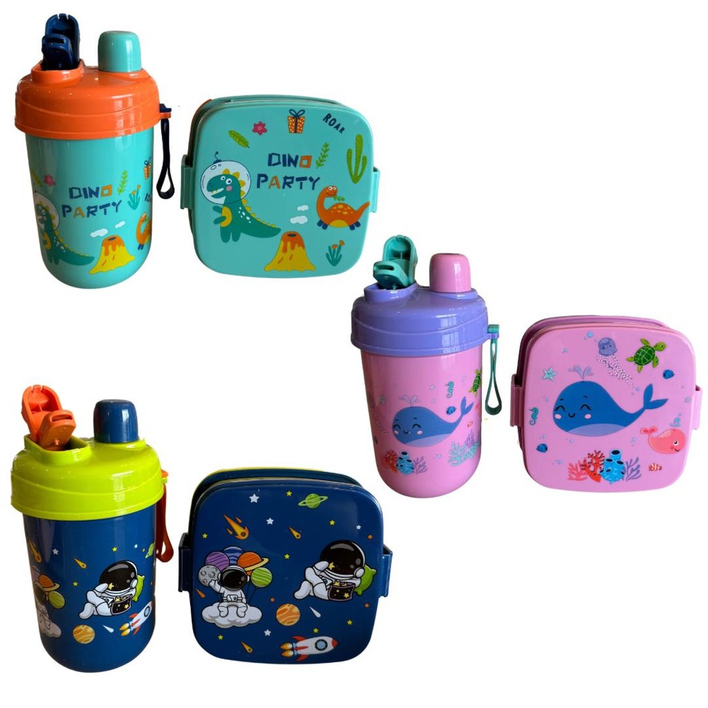 Kit Marmita Lancheira Com Garrafa Bico Duplo Estampas Divertidas Infantil