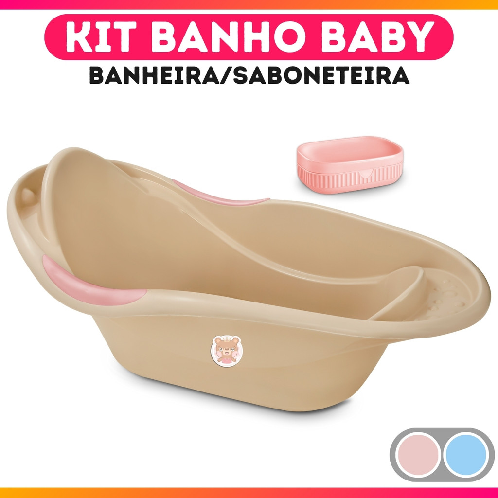 Kit Banho Baby Banheira + Saboneira Femino Masculino Rosa/Azul Baby Bear Usual Menino Menina