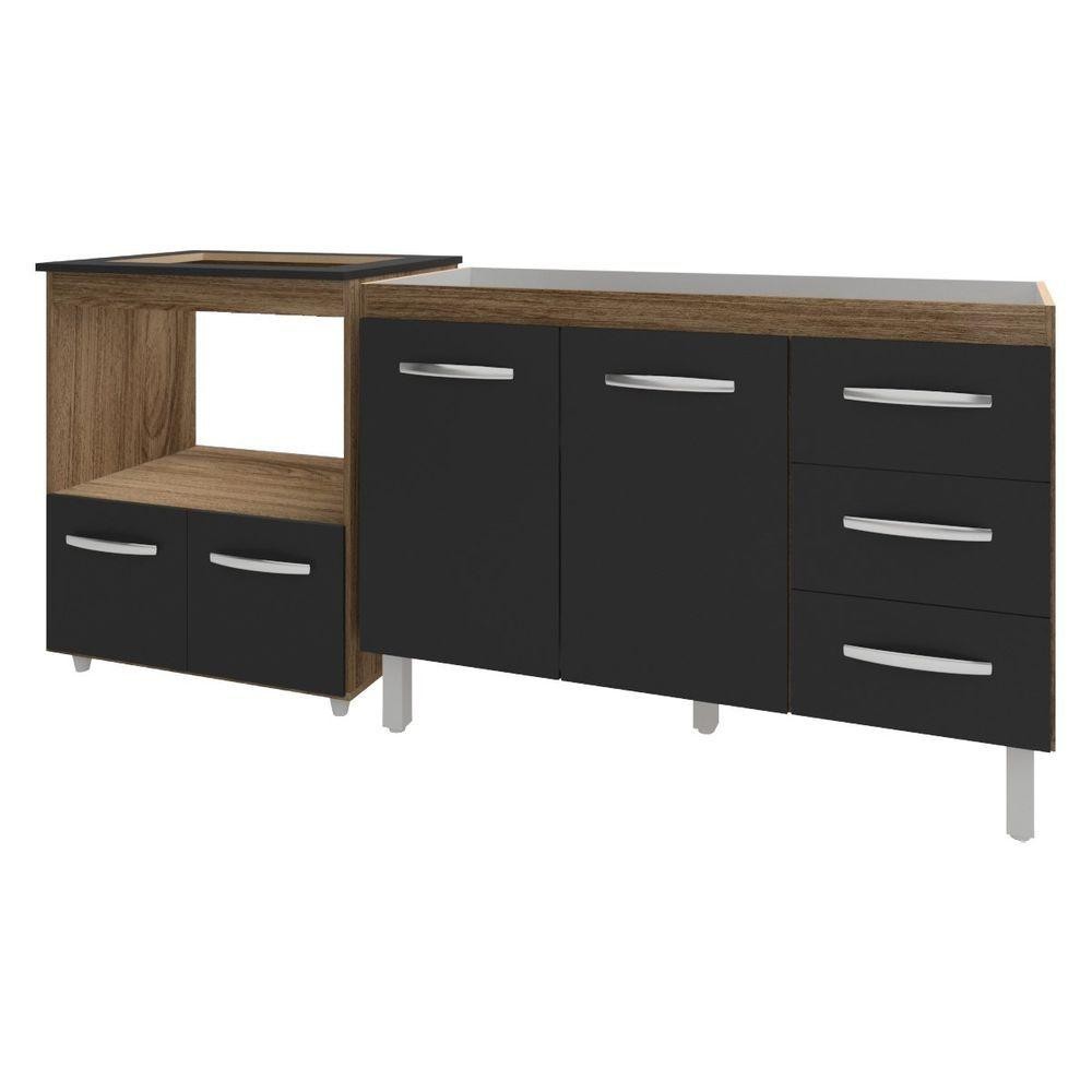 Balcão Armário Cozinha Gabinete De Pia 120 Cm Bruna E Balcão Para Fogão Cooktop 4 Bocas E Forno Evelyn Savana Preto