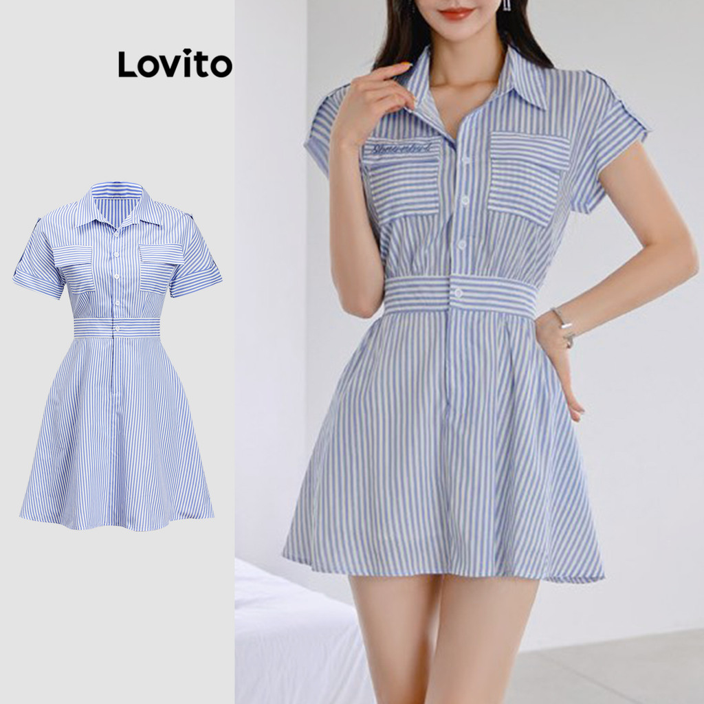 Lovito Vestido elegante listrado com bolso para mulheres L109MD605 - Women Clothes