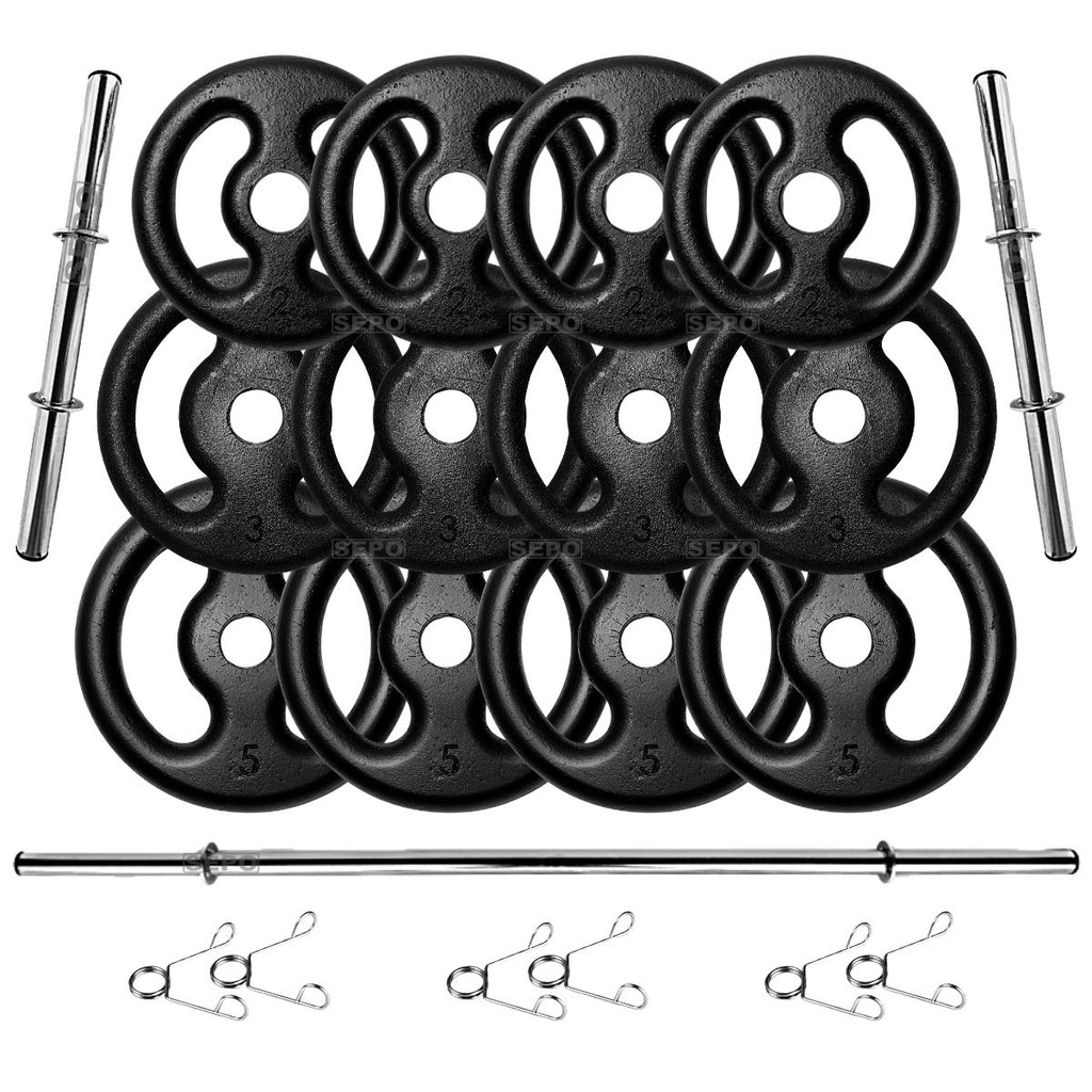 Kit 40Kg em Anilhas de Ferro com Barras de 40cm e Barra de 1.50m
