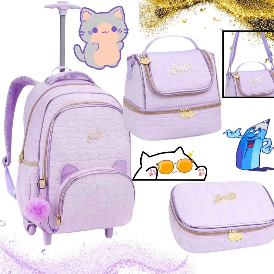 KIT MOCHILA RODINHAS COM LANCHEIRA E ESTOJO FEMININA GATINHO BORDADO MATELASSE POMPOM PASS...